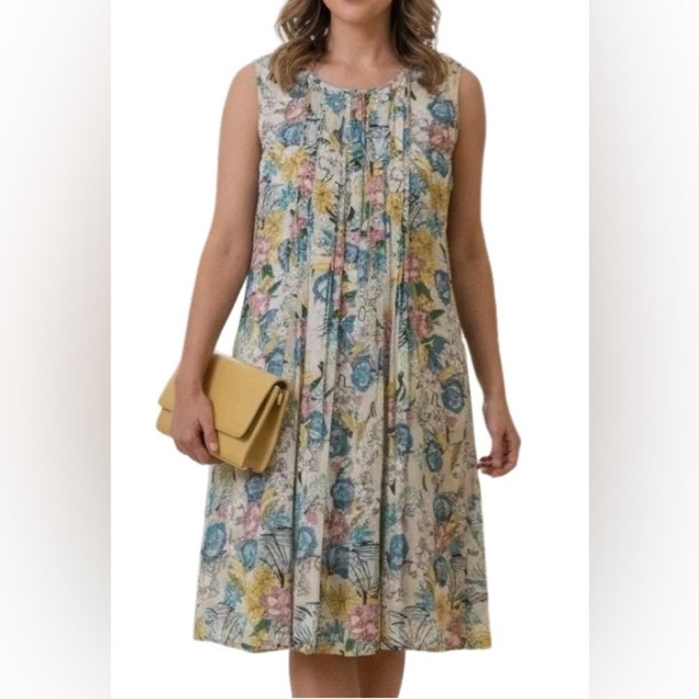 DR2 Multicolor Floral Midi Sleeveless Lined Pleated Shift Dress. Size M.